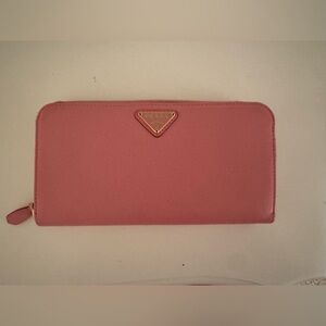 Prada Saffiano Triangle Leather Round Zip Long Wallet Blush Pink